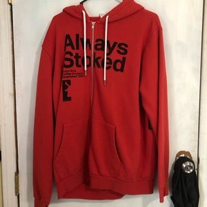 Dutch Bros Red always stoked zip up hoodie .